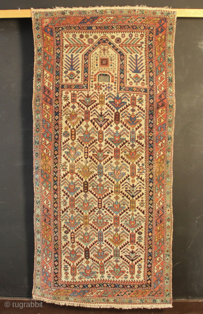 Fine 19th century Akstafa prayer rug with some old repairs. Would benefit from a deep wash. 
2'8" x  5'8" /   81 x 174cm       