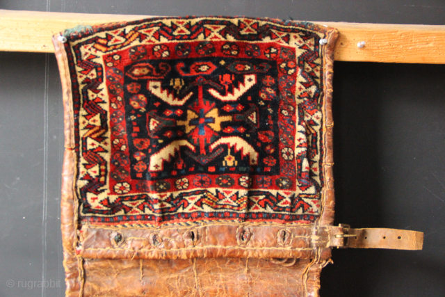 Late 19th century Khamseh miniature double bags with original leather protective bindings. Velvet wool quality and deep, dark rich colours. Some evidence of old moth damage otherwise great condition.

1'2" x 2'6" /  ...