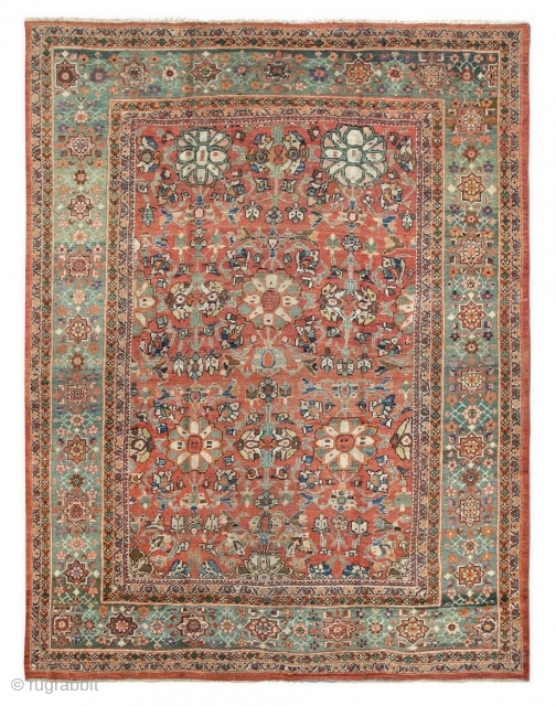 Antique Mahal carpet with terracotta ground colour and unusual green border. 306 x 396cm / 10'0" x 13'0"               