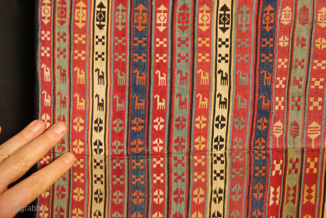 Mid 19th century Silk Jajim fragment, professionally mounted. size approximately 59 x 84cm / 2'0" x 2'9"                