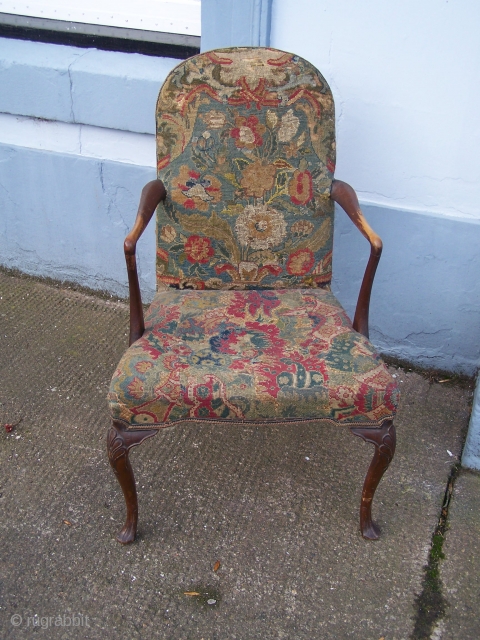 Early/mid 18th.century English gros point needlework fragments, from period upholstery mounted onto a mid-20th.century Queen Anne style open armchair. The chair back with a vase of flowers design is a single panel  ...