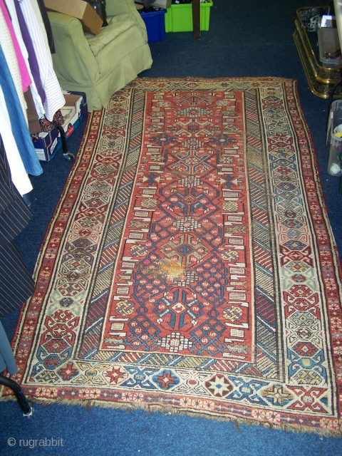 Turkish or West Caucasian long rug, not quite sure which, allover low pile with foundation showing in places, small patch, sides replaced, 19th.century, 265 x 129/138cm (lightly wider at one end than  ...