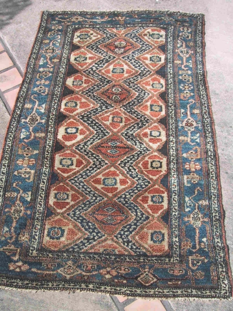 Kurdish rug, 3' 3" x 5' 5", probably circa 1930, maybe earlier.  Thick fluffy pile all over.  There is a very small nick on one end as shown in photos.  ...