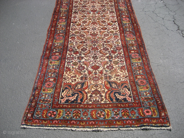 Hamadan area runner, possibly Enjilas, probably circa 1910-1925.  Size is 3' 5" x 9' 4".  Great condition with a fairly fine single wefted weave, consistent with Enjilas in both structure  ...