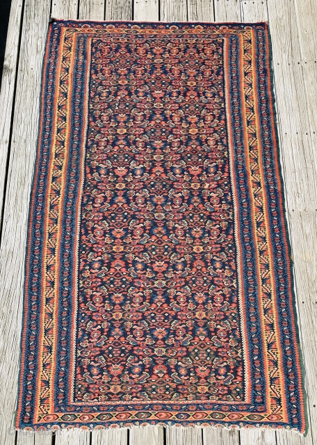 Senneh Kilim circa 1880
78 inches x 48 inches (198 x 122 cm).
One old repair shown.
Thank you for looking.               