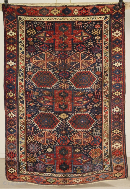 Particular, unsual and rarely, Kurdish Tribal Rug end 1800 (1880) natural dyes, with caucasian motifs, very good conditions, full pile.             