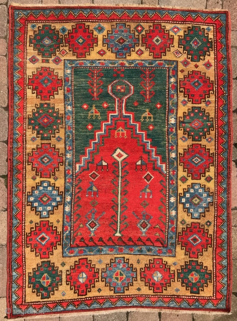 Konya prayer rug with memling gul border. 53x 40 inches. Classic 19th century village rug. No repairs. All good colors, including strong green. See closeups. Velcro strip sewn on for hanging  