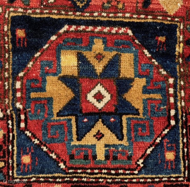 NW Persian bagface with striking classic memling gul containing 8 pointed star in the field and animals in the 4 corners. All good colors. Wool pile on cotton warps and wefts. Some  ...