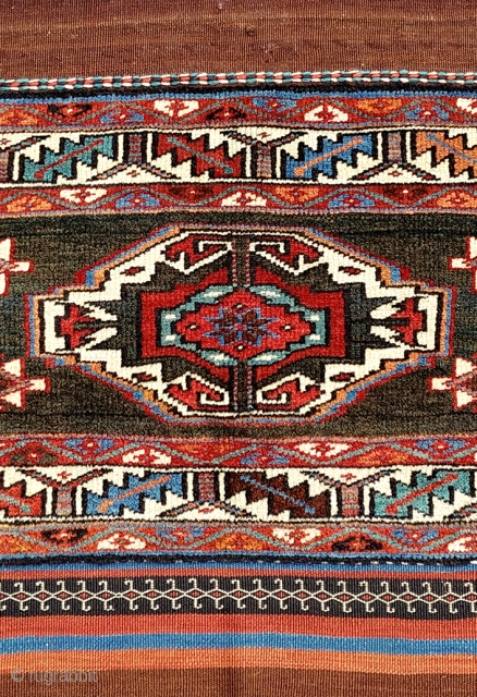 Antique Veramin bagface.  Good example of the form: beautifully drawn, uncluttered, great colors and wool. More than the usual details, including flat-woven ends, brocading and weft wrapped features. Displays exceptionally. All  ...