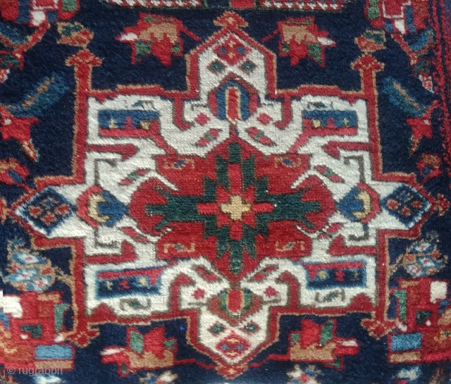 Old fragmentary Karajeh. 213 cm x 90 cm (84" x 36") Bits of oxidation, lovely, saturated colors, excellent condition, washed. Final picture shows the weave. Truncated in size and price, but quite  ...