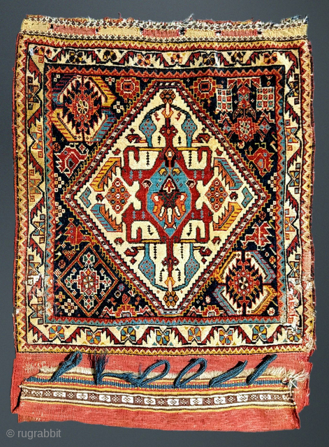 Antigue Qashqui bag, complete with unattached back. Provenance: ex Samy Rabinovich. Two rough repairs (see images) and priced accordingly. Great age and color. Contact jgz10101@gmail.com / +1 856-701-9520     