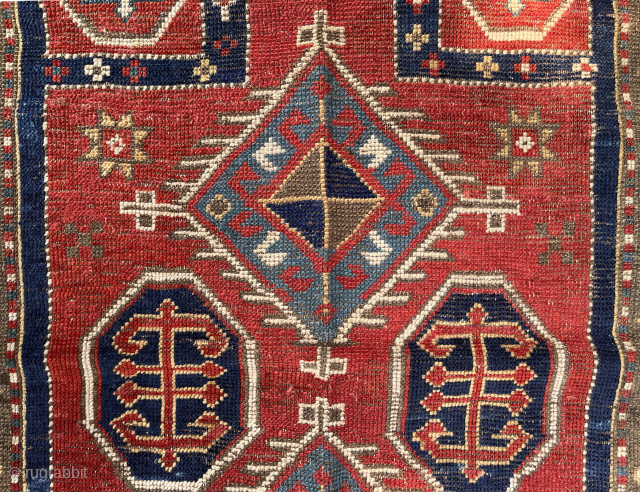 Antique Caucasian prayer rug. 94cm x 122cm (3'1" x 4'). Floppy handle, signs of age, even wear. Spare design, compact dimensions, impactful display. Images show full front and back. Email contact: ...