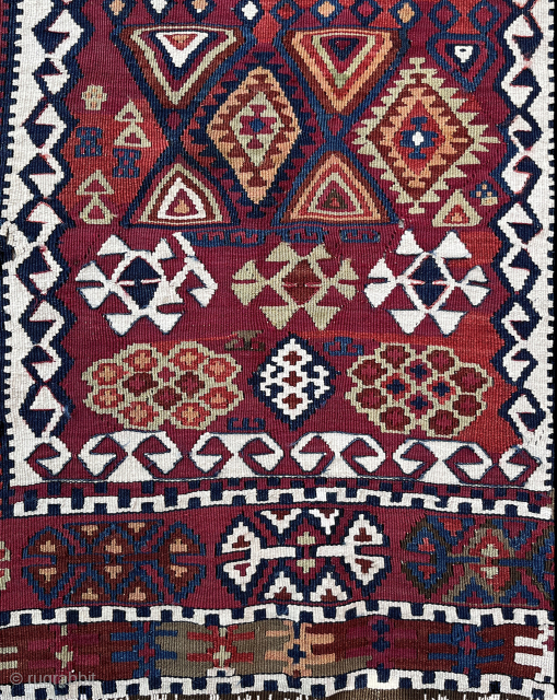Antique Anatolian kilim. 107 cm x 150 cm (3'6" x 4'11") Dated 1290 (1873). Images are full front and reverse sides. Excellent condition. Rich autumnal palette. Recently washed. Contact: jgz10101@gmail.com. Modest ...