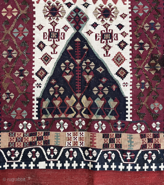 Antique Reyhanli kilim. 184 x 109 cm / 6' x 3' 7" Metal threads, a few small repairs, and a small stain as shown in the final photo; in overall excellent conditon. ...