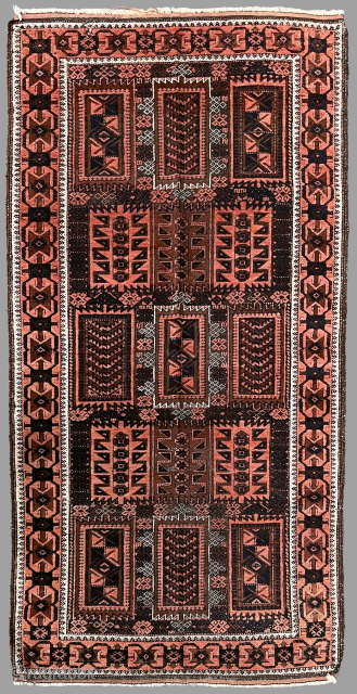 "Yacub Khani" Baluch rug. 208 x 104 cm (82" x 41") Scattered oxidizing browns, lusterous pile, skillfully drawn border, overall very good condition. Very reasonably priced. Contact: jgz10101@gmail.com