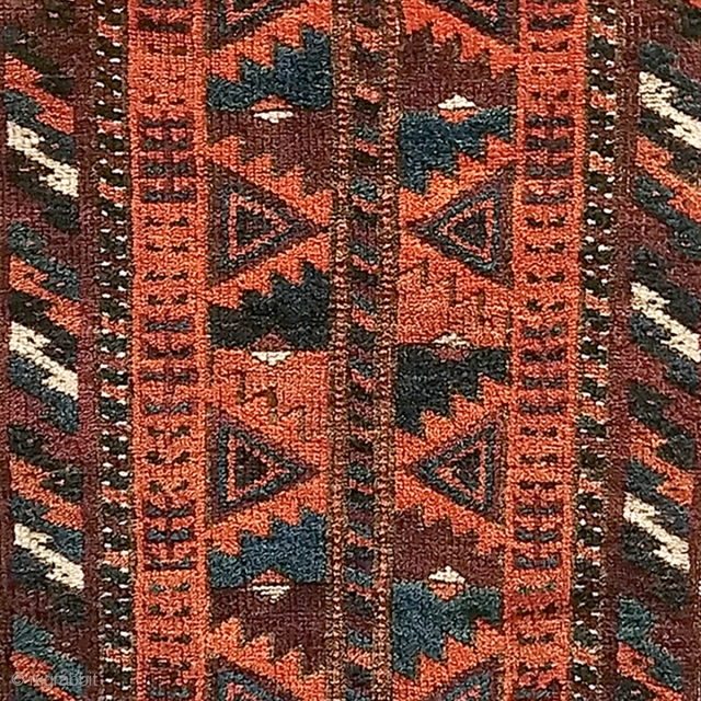 Antique Baluch balisht.  Fair condition with corroded browns, considered in the price.  Familiar, totemic design with striking presence and uncommonly good, saturated dyes.  Rust red, electric and navy blues,  ...