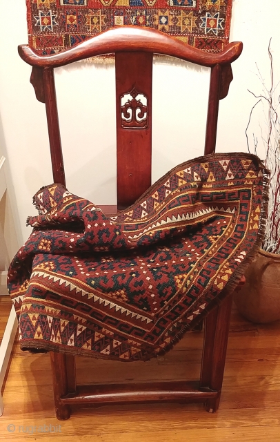 Uzbek Tartari bag face.  Early 1900s. Double interlocking tapestry weave, on goat hair warp.  35" X 31" (89cm x 79cm). Aged, dry texture.  In excellent condition, suitable for trafficked  ...