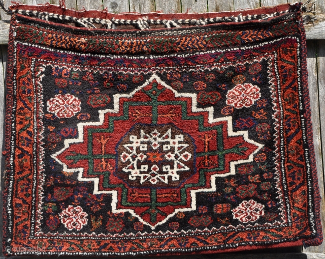Pair of Kuhi Afshar bags. Excellent color and lush pile. Each bag is 32" x 37" (81 x 68 cm).             