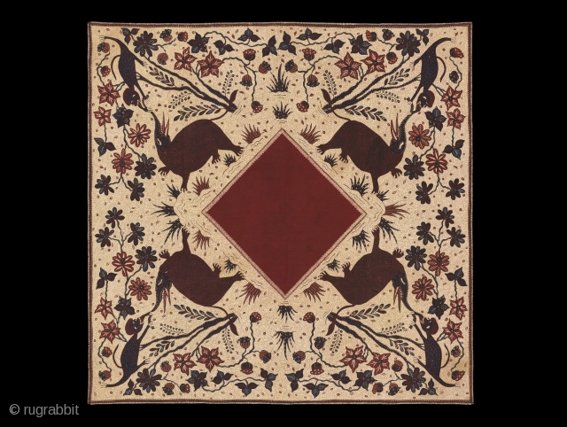 TE02307
1940s Iket Kepala Batik Tulis, man's head scarf, cotton with hand drawn wax resist brown and red flowers and with a monkey feeding an ant eater's on each of the four corners  ...