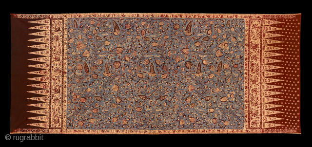 TE02278
1940’s Kain Panjang Batik Tulis, womn’s shawl or hip wrapper, cotton  red hand drawn wax resist flowering plants on unusual light blue background, natural and chemical dyes. Peranakan, North Coast Java,  ...
