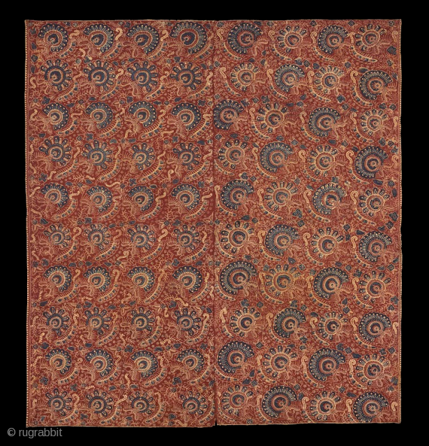 TE02355
Very Rare 1850 – 1910 Kain Dodot Batik Tulis, noble man’s hip wrapper, cotton with red and blue wax resist repeat pattern of birds among plants. All natural dyes. Malay people, Jambi,  ...