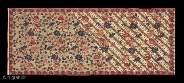 TE02317
1930-40s Kain Panjang Pagi Sore Batik Tulis, woman's hip wrapper, cotton with hand drawn wax resist patterns of blue and red flowering plants on a background of brown repeat parang rusak patterns  ...