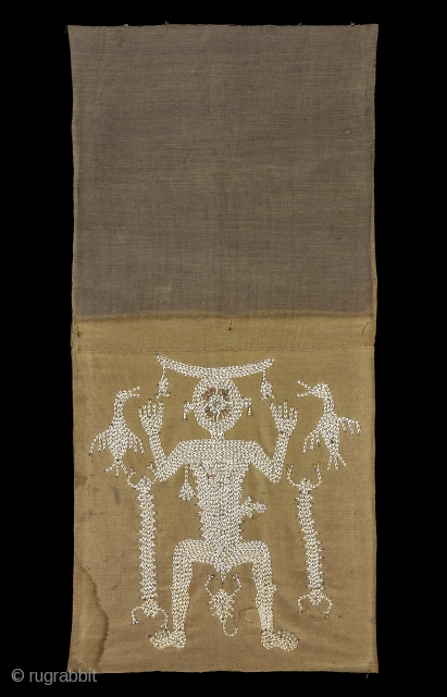 TE02236

1960s Lau Wuti Kau, woman’s ceremonial tube skirt, mud dye cotton with shell embroidery of marapu or shaman flanked by centipedes and bird and lobster below, natural mud dye. Sumba people, East  ...