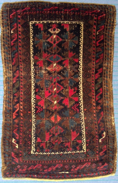 Antique Baloch balisht, very fine weave, great colors, silk highlights, 22 x 36 inches. Probably 19th century                