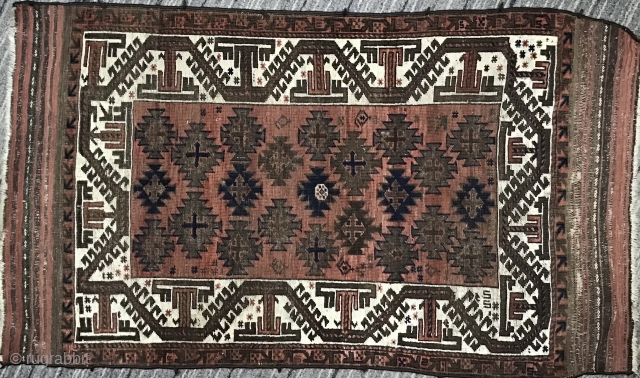 small antique Baluch rug with 23 ashik guys on old rose madder field, 36 x 61 inches (including end kilims).
Good condition, even low pile, sides re -wrapped. Please inquire jbatki@twcny.rr.com   