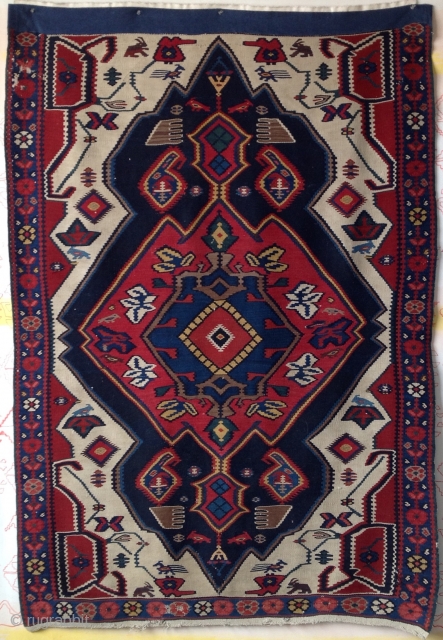Topless antique Bijar Kurd kilim with superb colors and interesting animals. Missing top border replaced by blue denim strip. -- Concentricity and Gravitas: there are 28 Color Fields progressing from outer border  ...