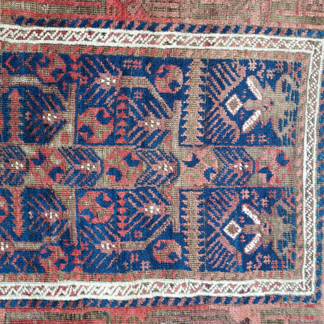 Antique Baluch, unusual Tree & Garden design, 36 x 64 inches. Slight losses at sides. Corroded browns. Recently hand-washed.  USD 375.- jbatki@twcny.rr.com          