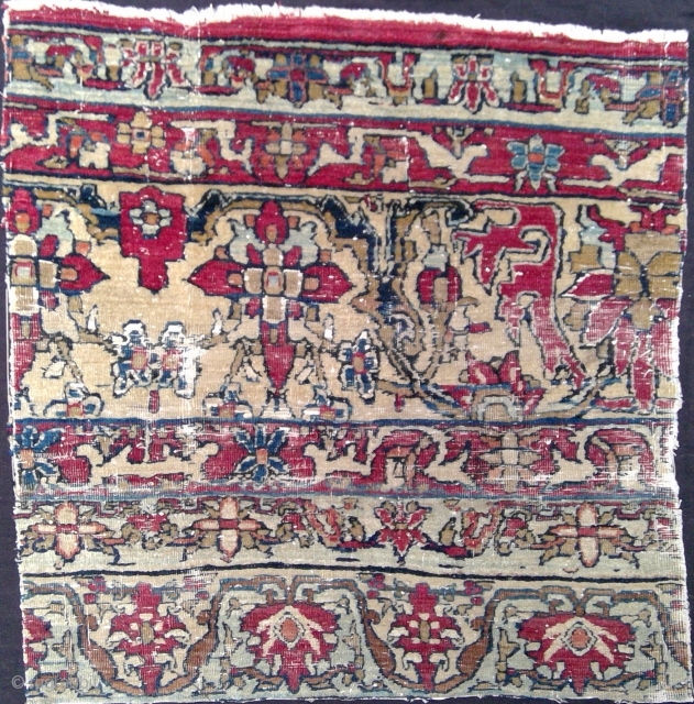Very fine, very old Persian carpet fragment, 22 x 21 inches. Wool on cotton and silk foundation. 18th century or earlier. Smaller fragment of same carpet, from Ferenc Batari collection, in Iparmuveszeti  ...