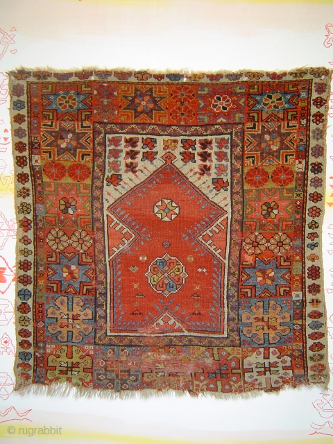 Early Milas prayer rug, petite 102x105 cm. Possibly 18th century. Please inquire for detailed condition report.                 