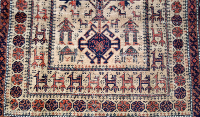 Superb Antique Baluch Prayer Rug with unusual Humanoid and Animal figures, 33 x57 inches.
Wear compatible with age, second half 19th century. -- Please inquire johnbatki@gmail.com        