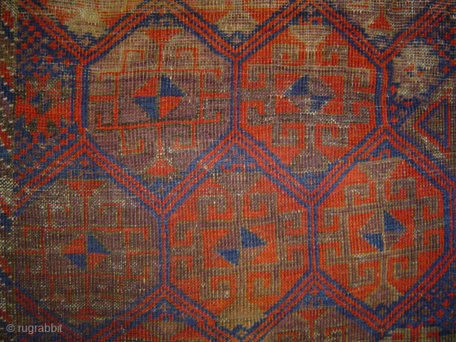 Antique 19th century Baluch Hexagon Lattice rug, ca. 36 c 60 inches. Low pile with corroded browns. USD 325 including shipping in the U.S. -- johnbatki@gmail.com       