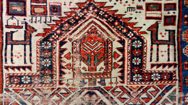 Shirvan prayer rug with Turkmen hooked motif rarely seen in this type of hexagon lattice, 43 x 55 inches, probably 19th century. -- Please inquire directly at johnbatki@gmail.com     
