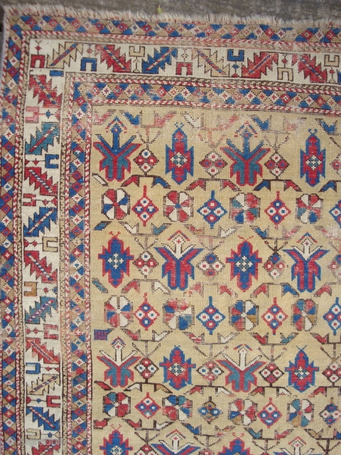 Fine and very old East Caucasian Yellow Field Khyrdaghyd pattern rug, ca. 4 x 4 ft 5 inches. Nice variant motifs near lower end.  Mid-19th century or earlier, with corresponding evidences  ...