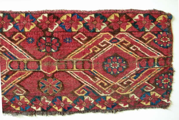 Antique Middle Amu Darya torba fragment, mounted on linen, 38 x 16 inches. Very rare design. Great colors, very poor photo. USD 1350. please use johnbatki@gmail.com       