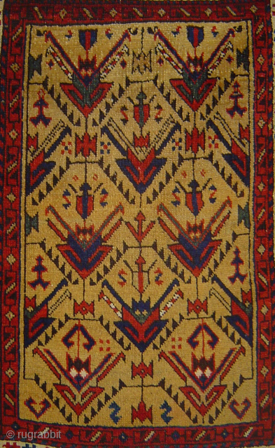 Petite Avar lattice rug, 32 x 43 inches, late 19 / early 20th century, in excellent condition. 8 Heraldic, Geometric stylized Palmettes on a golden yellow field.-- please contact johnbatki@gmail.com   