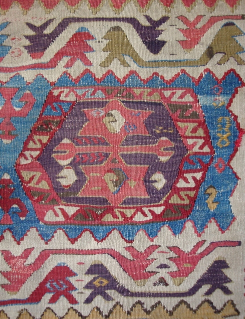 Detail, antique Anatolian small kelim with 8 hexagon guls, Cumra region                      