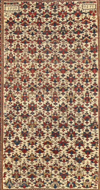 Exemplary early Daghistan floral-geometric ivory lattice rug without the usual niche, 42 x 55 inches. Dated 1271 A.H. = 1851   Please inquire directly johnbatki@gmail.com       