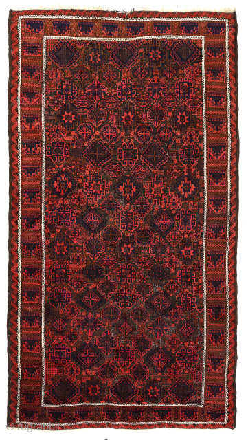 Stunning antique Baluch Main Carpet, with extraordinary variety of guls major and minor, 4'8" x 8'4", ready for floor use, with moderate signs of wear. The design of 5 vertical stacks of ...