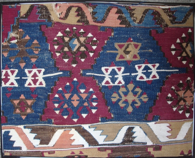 Antique Anatolian kilim fragment, 20 x 16 inches. Wool and white cotton. Probably Malatya area                  