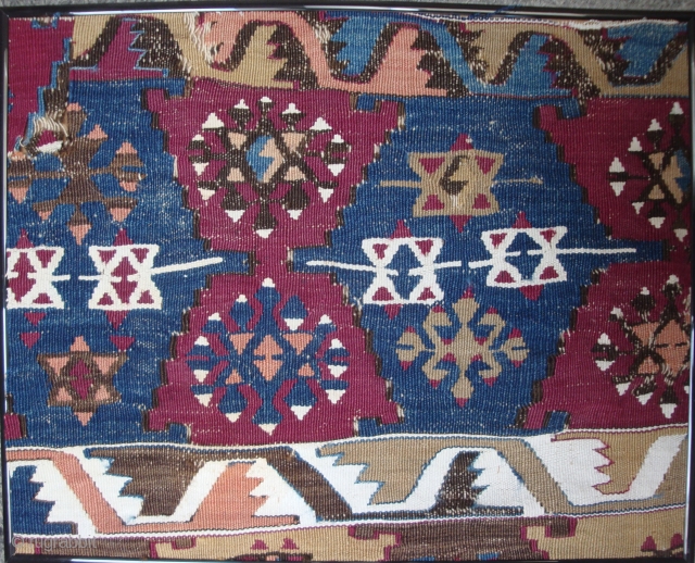 Antique Anatolian kilim fragment, 20 x 16 inches. Wool and white cotton. Probably Malatya area. USD 150.- plus shipping. jbatki@twcny.rr.com             