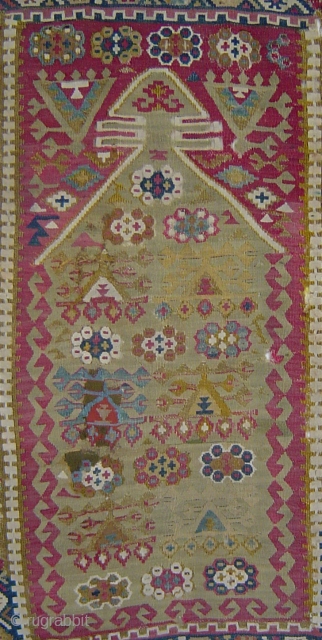 PK-073 Antique east central Anatolian niche kilim, 91 x 135 cm (36 x 53 inches). Very fine tight weave, many old repairs of varying quality. Still packs a punch. Please use johnbatki@gmail.com 