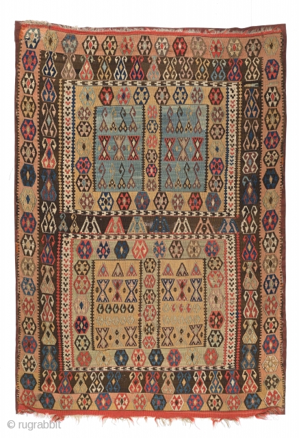  Antique East Central Anatolian kilim, rare format recalling Turkmen ensi. 50 x 72 inches (127 x 183 cm) 19th century. Mounte don corduroy. -- Source: Edelman auction, NYC early 1980s. Published  ...