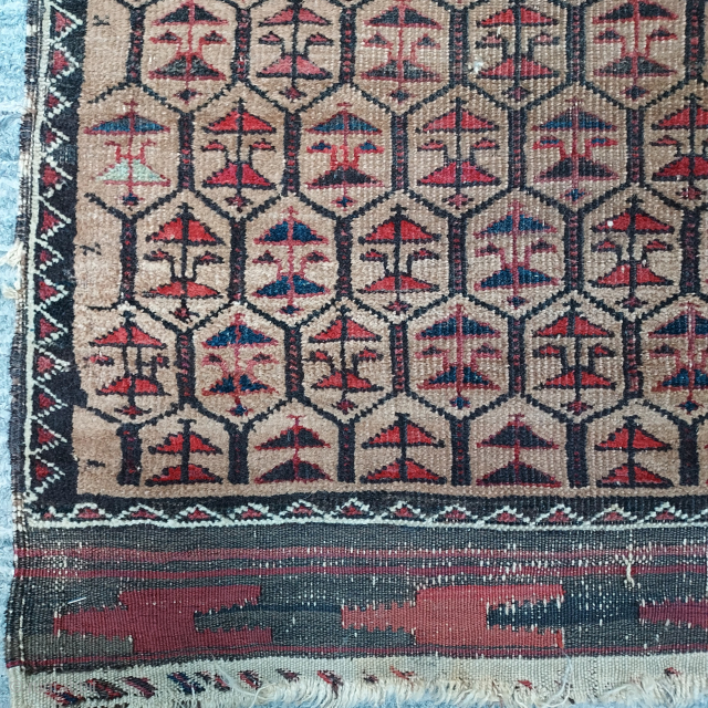 Baluch group small camel hair lattice rug, 28 x 42 inches, wool and camel hair cut pile asymmetrical knots, original goat hair side finish. Please email johnbatki@gmail.com      