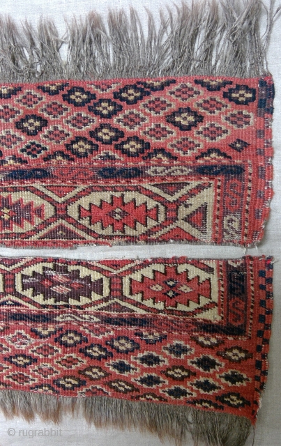 Antique Chodor Turkmen main carpet end panel fragments, 83 x 8 inches each. Warp: gray and brown goat; Weft: tan wool and white cotton. Asymmetric knots to right.     