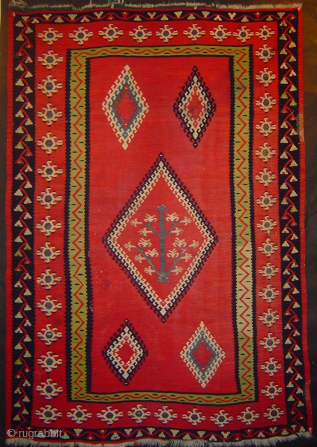 Antique Pirot small Tree kilim, 40 x 59 inches. Very fine weave, delicately drawn small Tree in central diamond medallion. In good condition with small nicks and one small old repair at  ...