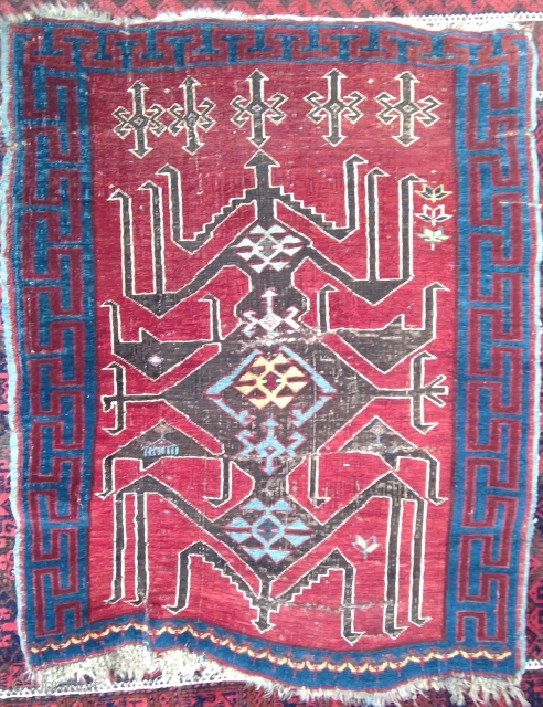 Archaic Antique Avar rug, 37 x 47 inches. Good pile, original sides and ends. Three horizontal crease slashes in field, and one vertical one at lower end. Large central motif usually seen  ...